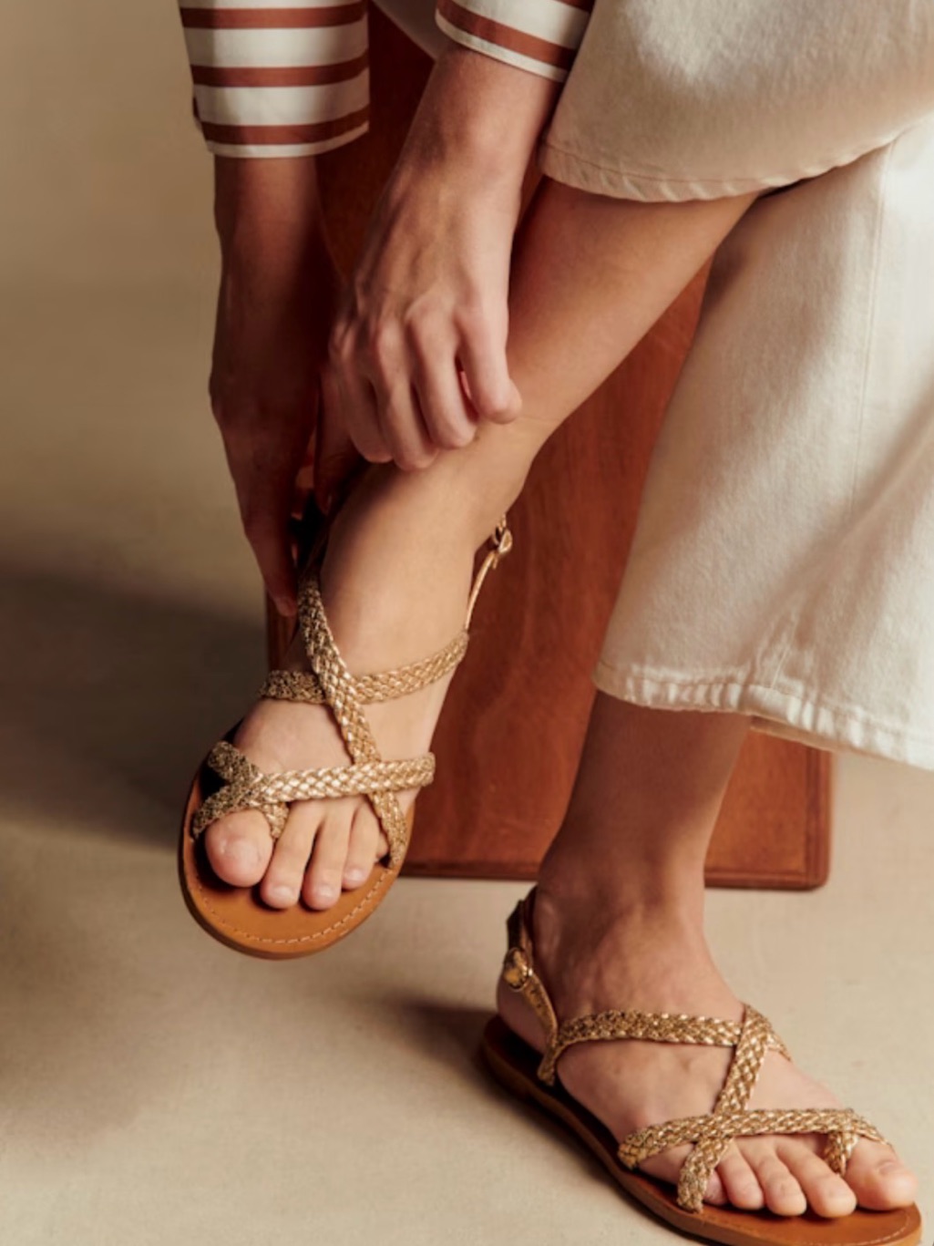 Sezane Braided Metallic Gold Cross-Strap Adeline Sandals